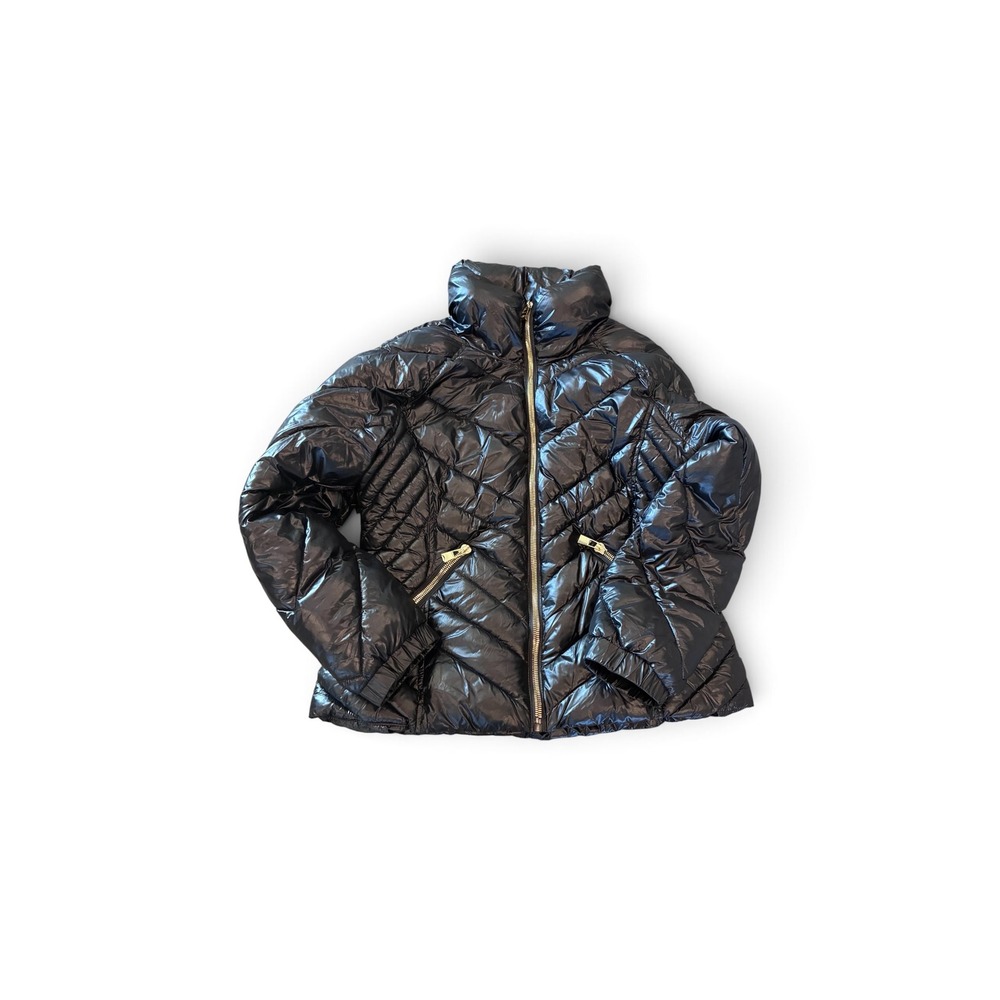 Karl Lagerfeld Paris Womens Black Luxury Quilted Puffer Jacket Gold Hardware L
